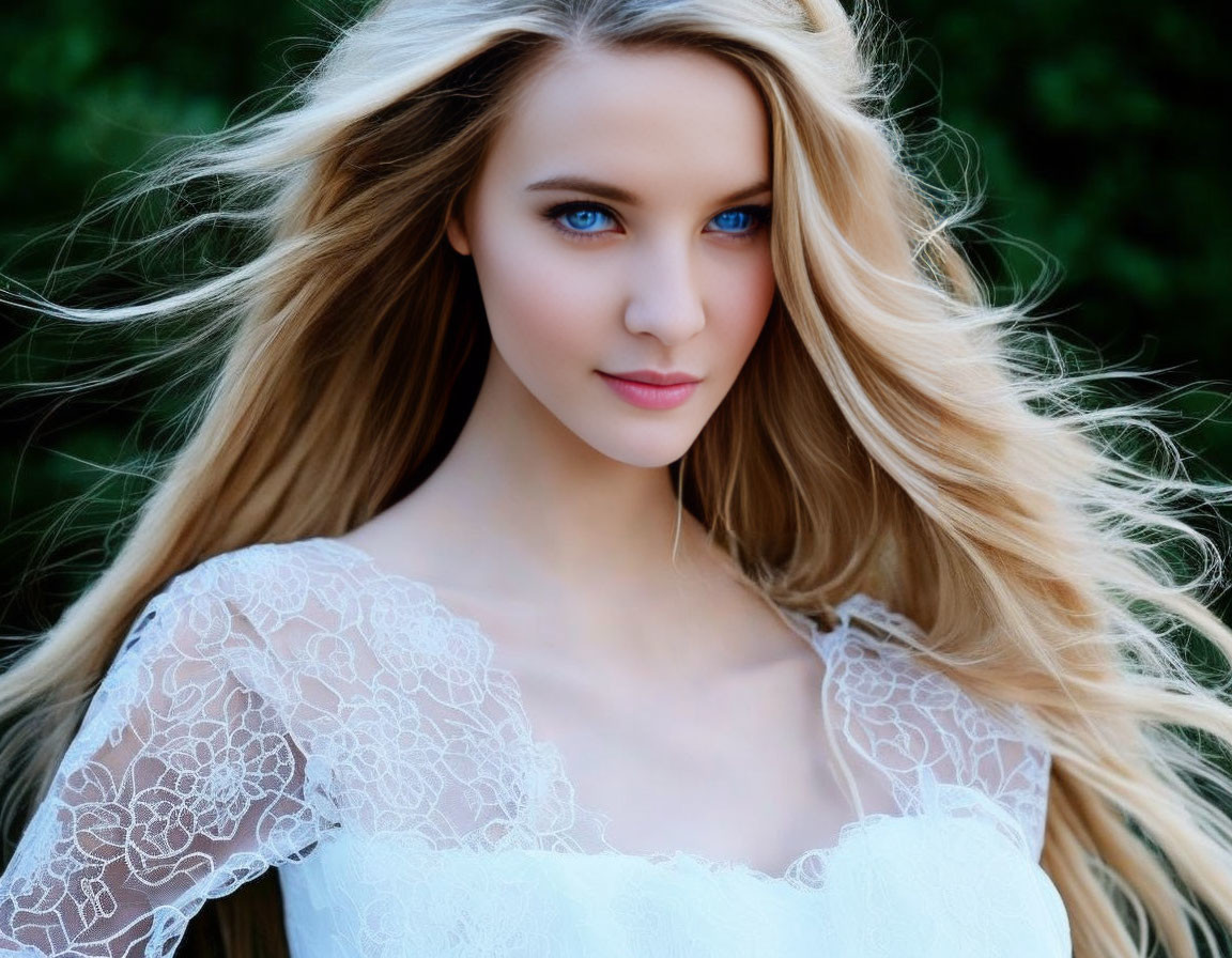 Blonde Woman in White Lace Dress Outdoors