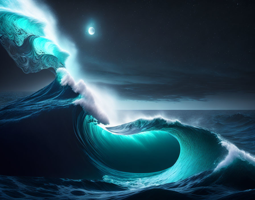 Glowing moon and stars above colossal ocean wave with intricate patterns