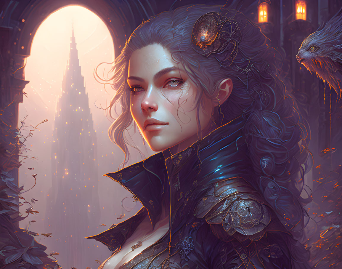 Fantasy portrait of woman in ornate armor with curly hair and raven, glowing castle at sunset