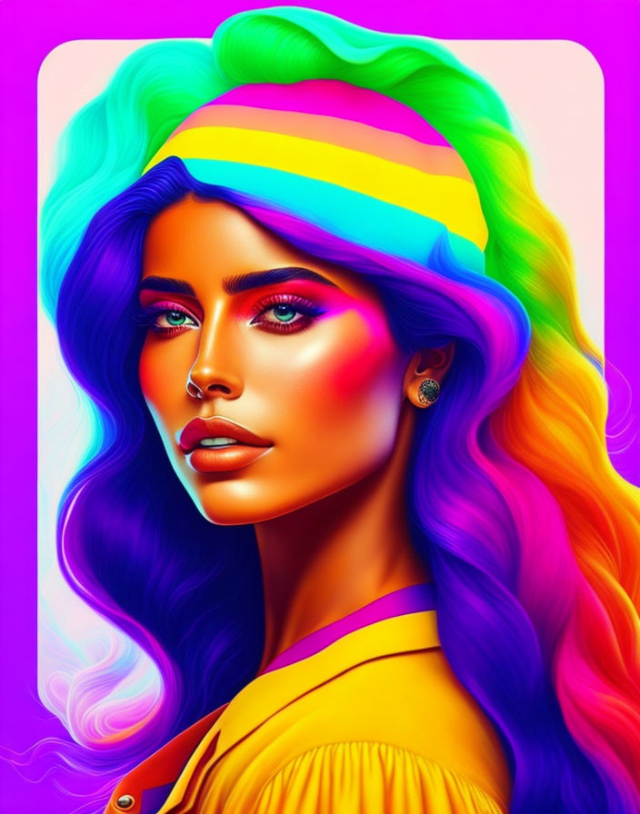 Colorful digital portrait of a woman with rainbow hair, blue eyes, and yellow top on pink background