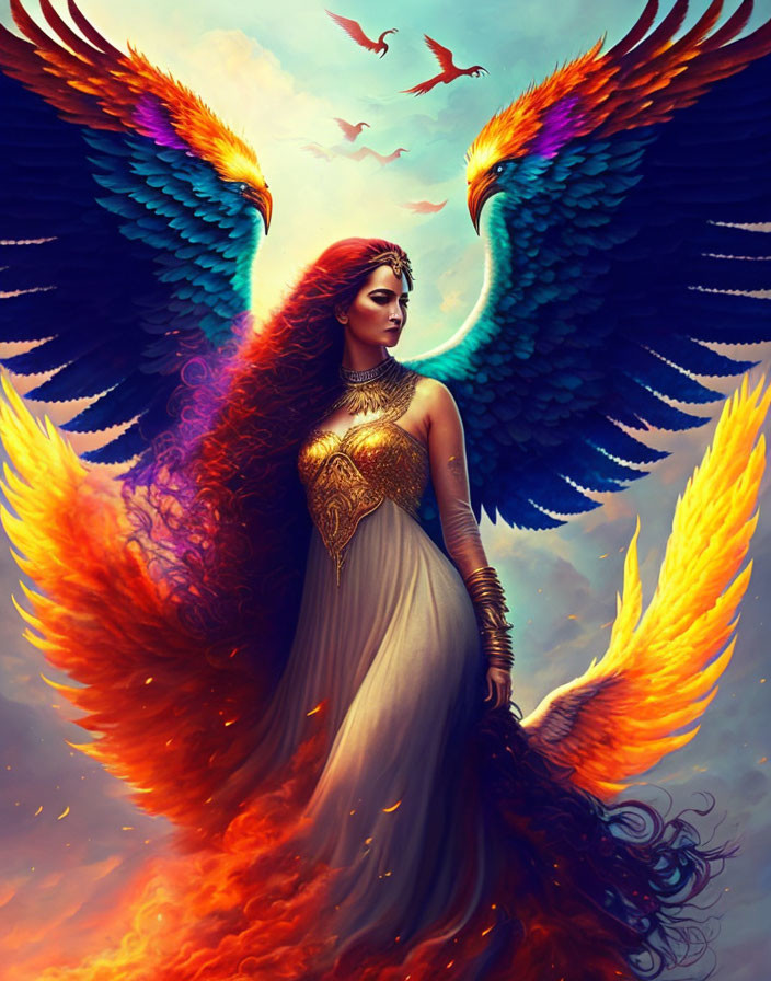 Golden armored woman with fiery phoenix wings in dramatic fantasy scene