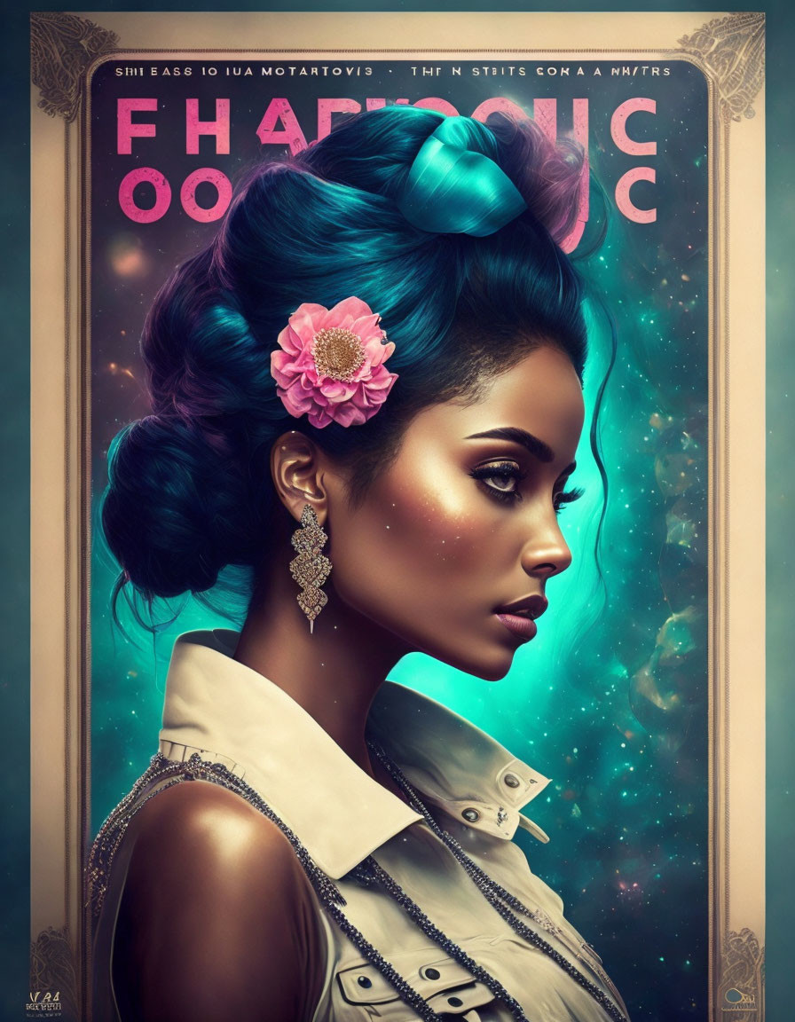 Blue-haired woman with bun and pink flower in cosmic vintage frame