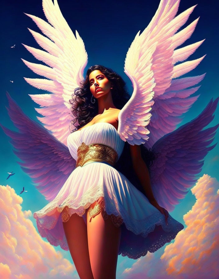 Fantasy illustration of woman with angelic wings in white dress against blue sky.