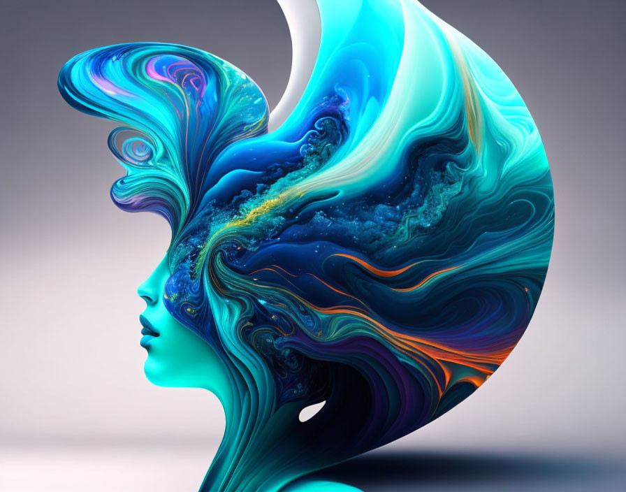 Surreal image: Woman's profile merges with cosmic swirls