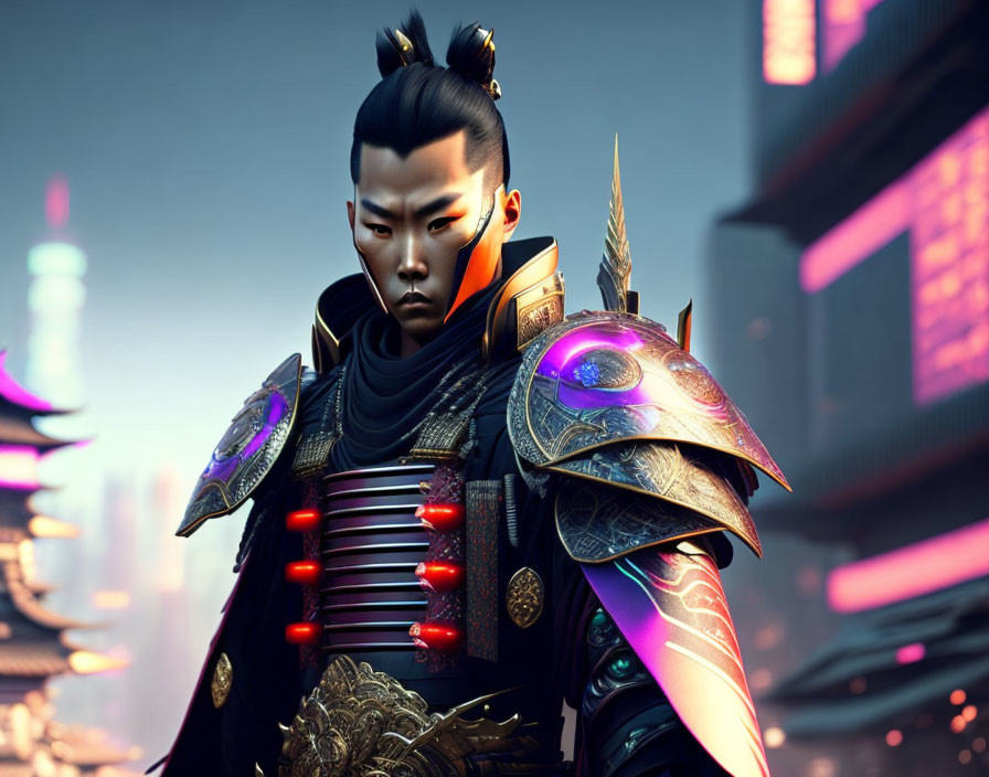 Futuristic samurai in traditional armor against neon cityscape