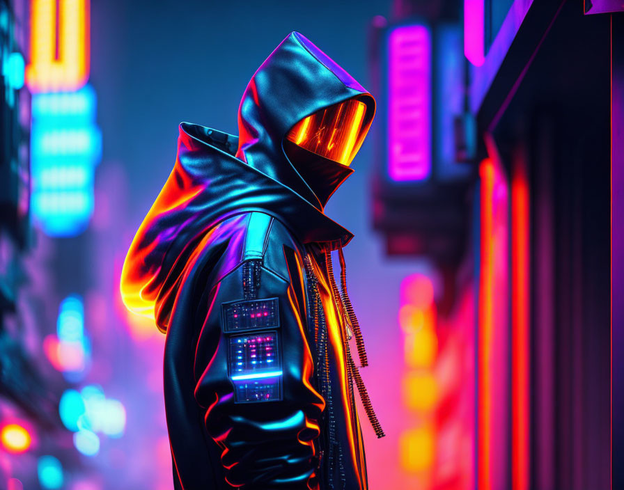 Futuristic hooded jacket with glowing elements in neon-lit setting