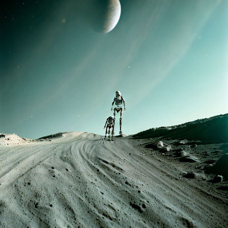 Astronaut with lunar rover on moon's surface, Earth in sky