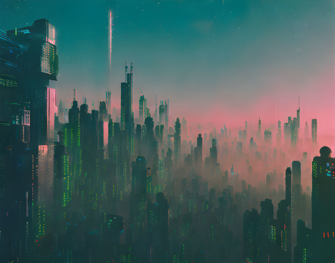 Futuristic cityscape with neon-lit skyscrapers at dusk