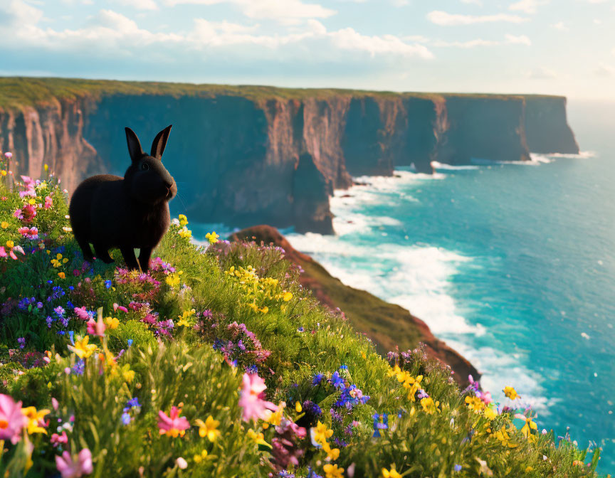 Black rabbit surrounded by wildflowers on cliff above blue ocean