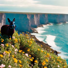 Black rabbit surrounded by wildflowers on cliff above blue ocean