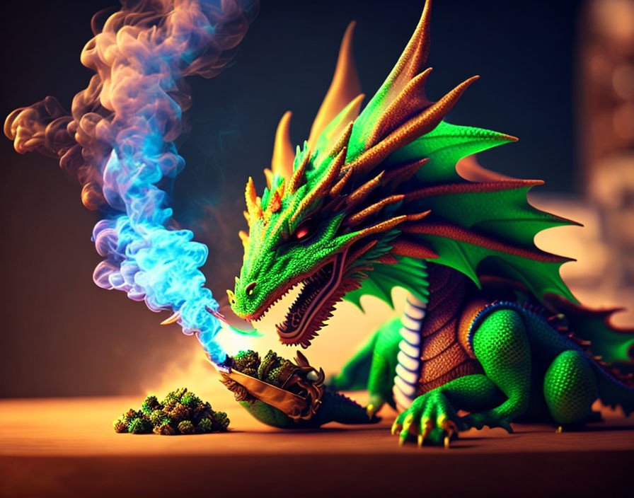 Colorful Toy Dragon Breathing Blue Smoke on Trees Background