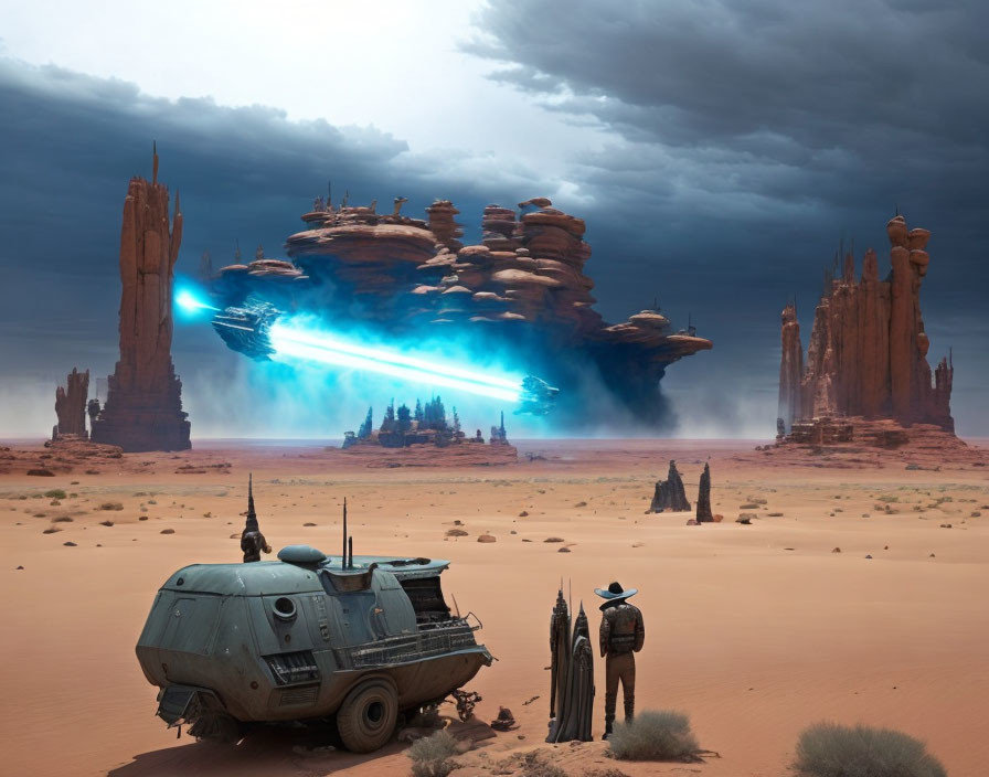 Person with futuristic vehicle observes alien spaceship in desert sci-fi scene