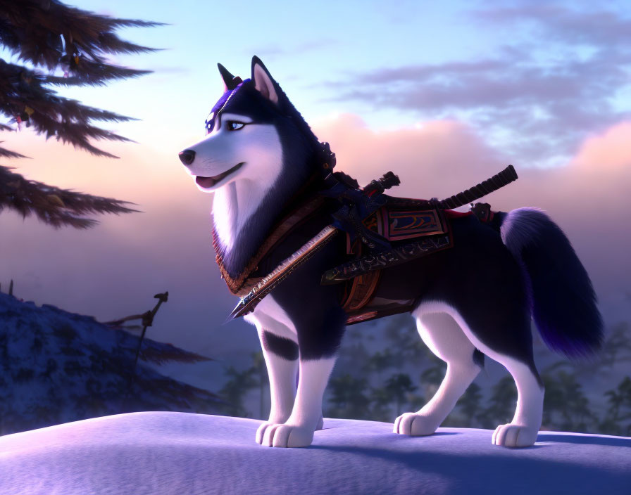 Animated husky with harness on snowy ridge at twilight