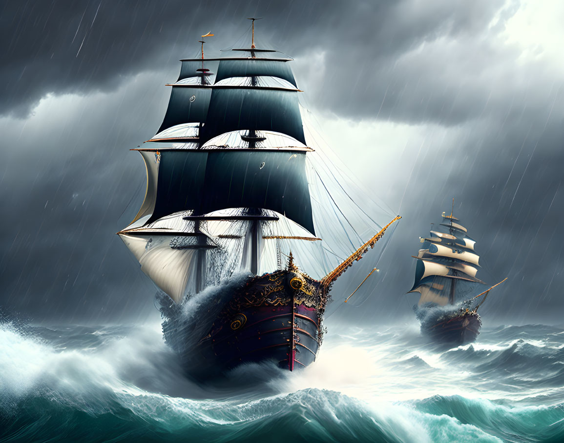 Majestic sailing ships in turbulent seas under stormy sky