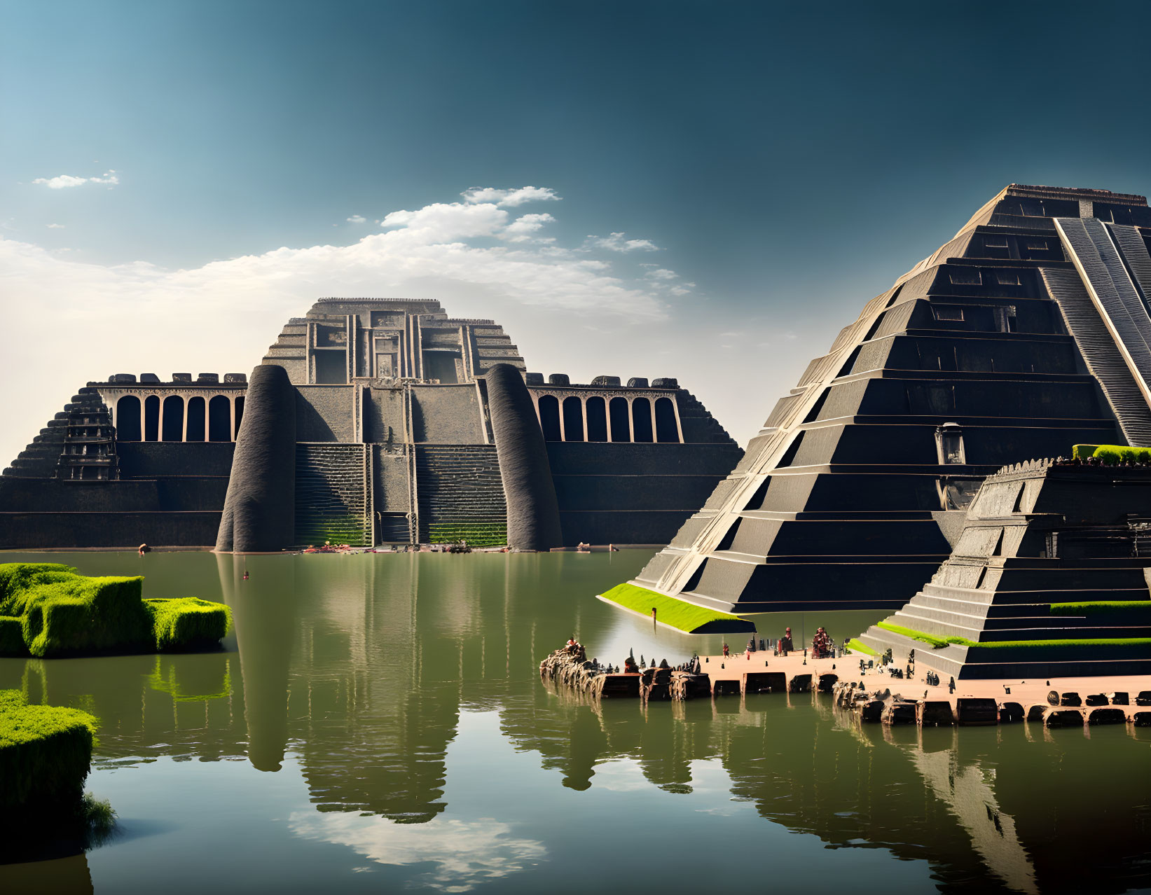 Pyramidal Structures by Calm Water with People Gathered