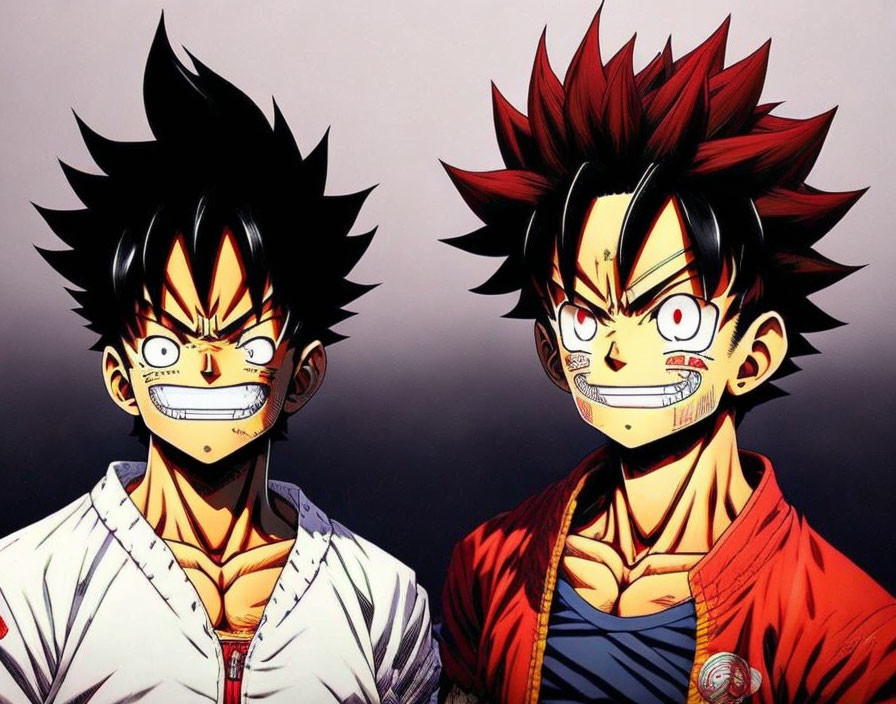 Spiky-haired animated characters in white and red attire with determined expressions