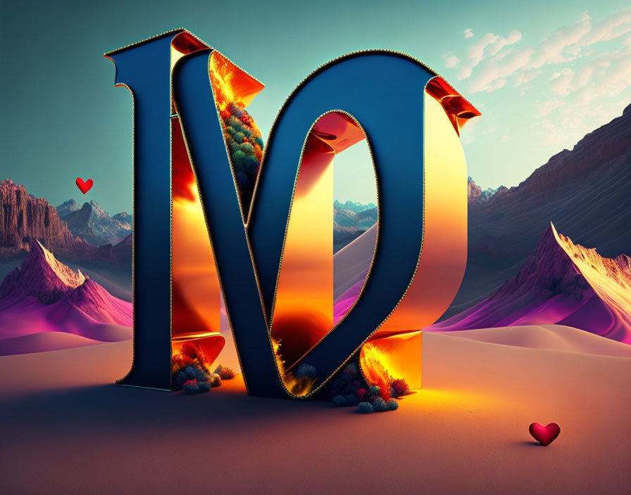 Surreal illustration of large letter "M" in fantasy desert landscape