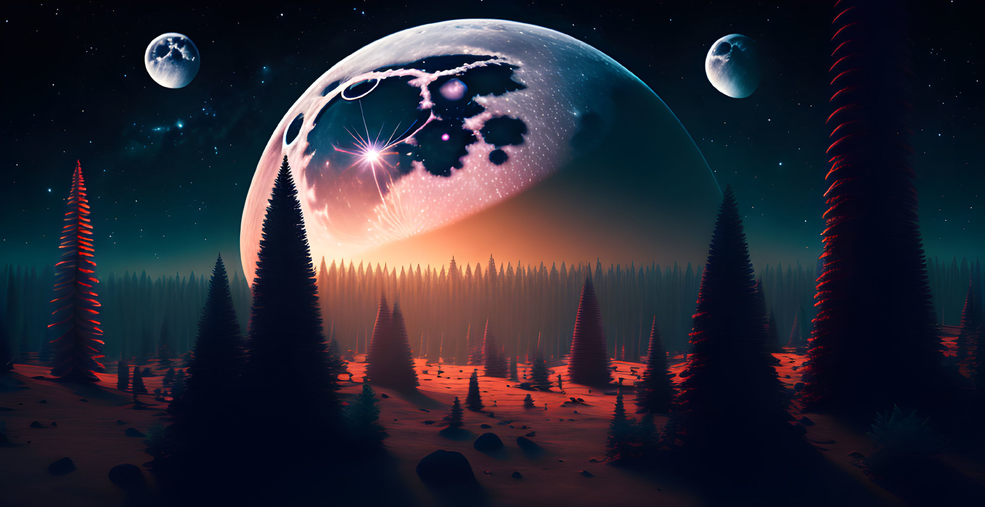 Cratered moon and red foliage in alien landscape under starlit sky