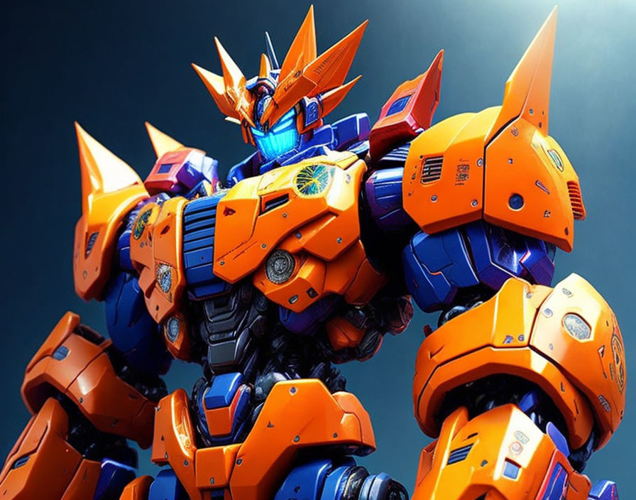 Detailed Orange and Blue Mecha Robot with Armor Designs on Blue Background