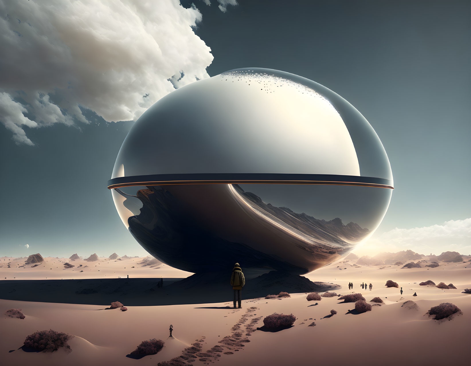 Reflective sphere in surreal desert landscape with tiny figures and mountains reflected.