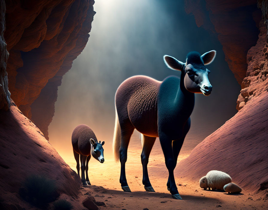 Surreal image of oversized fluffy sheep in canyon with dramatic lighting