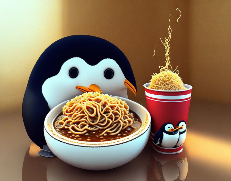 Animated penguin with noodles and smaller penguin on cup
