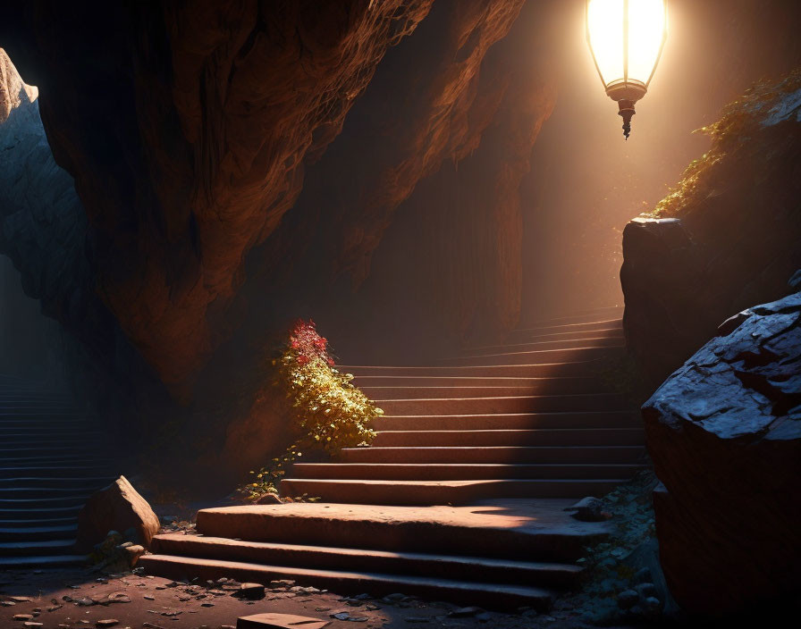 Sunlit Cave with Stone Steps and Lantern