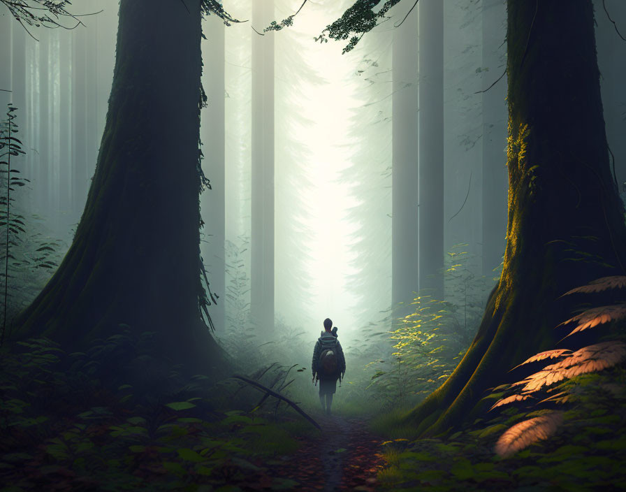 Person with backpack walking in mystical forest with towering trees and beams of light.