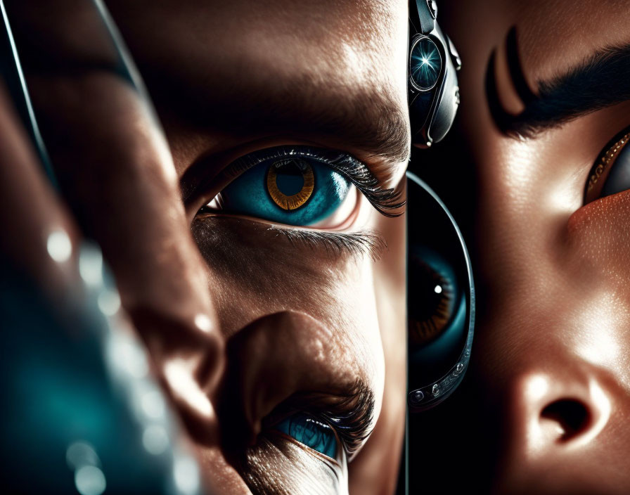 Human and robotic faces contrast: natural blue eye vs. mechanical gear eye