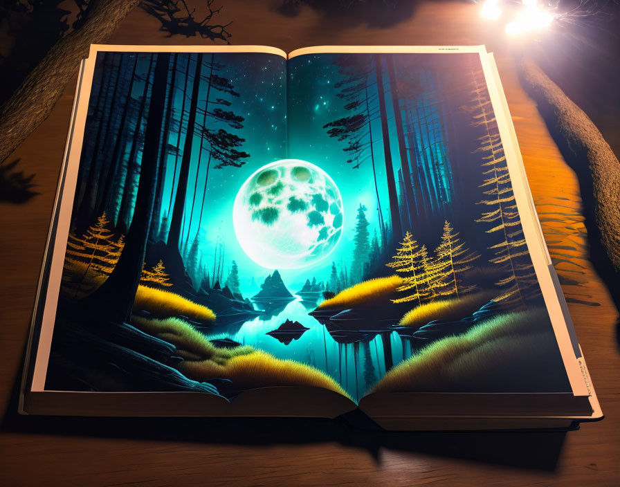 Illustrated open book: Night scene with luminous full moon over tranquil forest and river