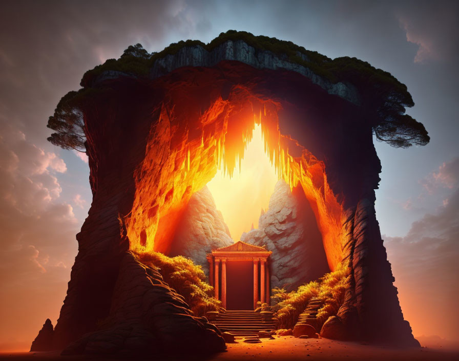 Mystical cave entrance with glowing interior and ancient temple door at sunset