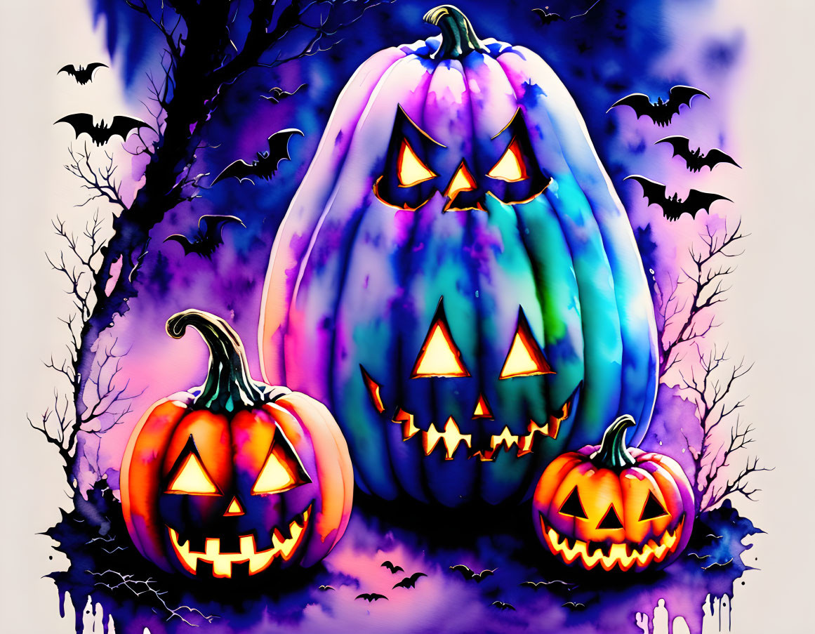 Vibrant Halloween pumpkin illustration with bats and spooky trees