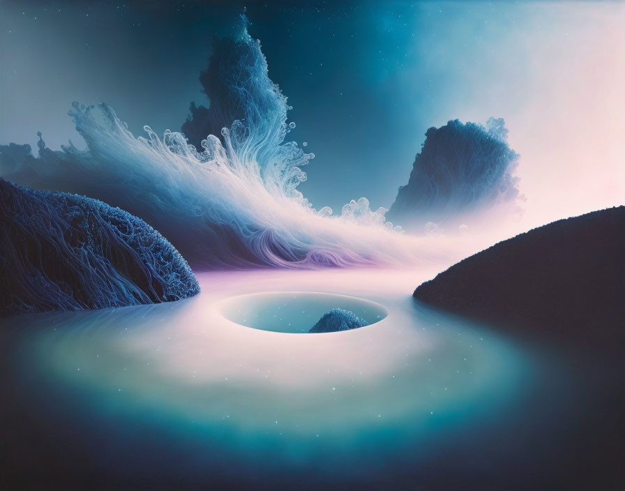 Surreal landscape with glowing portal, misty cliffs, wave-like sky structures