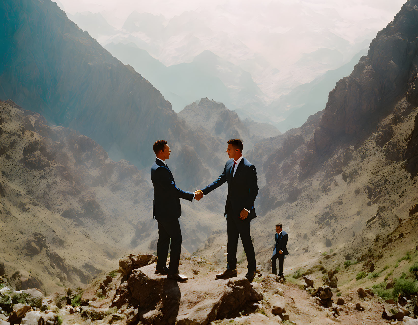 Men in suits shaking hands on mountainous terrain with foggy backdrop.