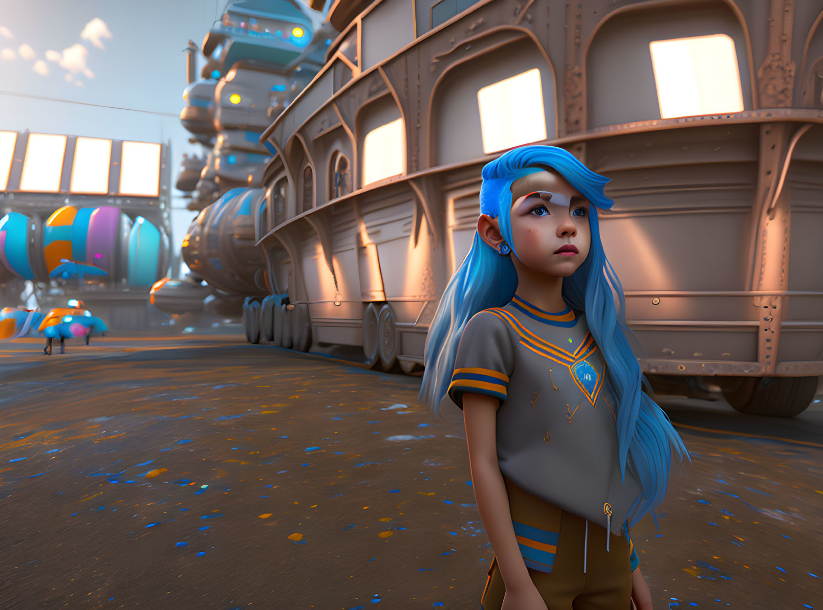 Blue-haired girl in futuristic city with floating vehicles