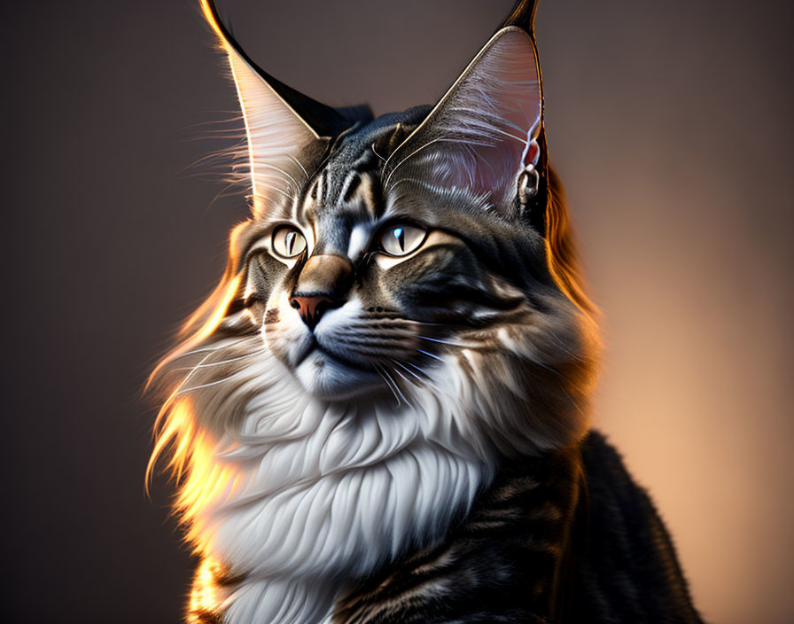 Maine Coon cat digital portrait with prominent ears and luxurious fur coat