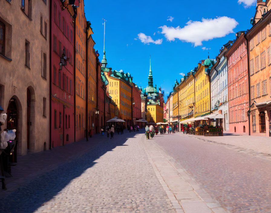 Vibrant historical buildings on busy cobblestone street