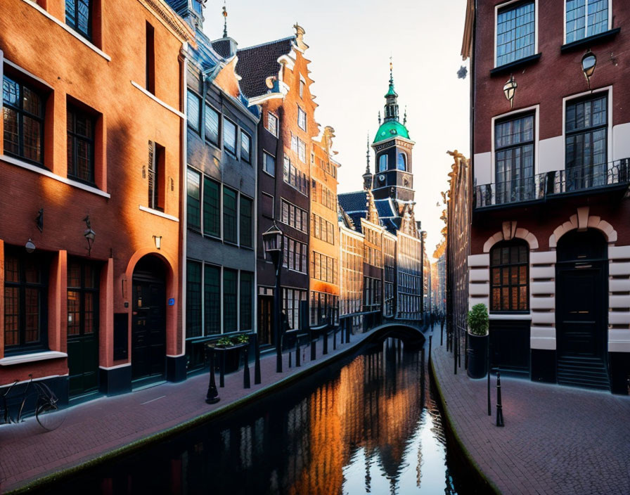 European Canal Scene with Traditional Buildings at Golden Hour