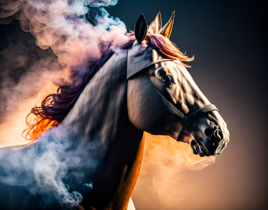 Majestic horse with vibrant purple mane in mystical smoke portrait