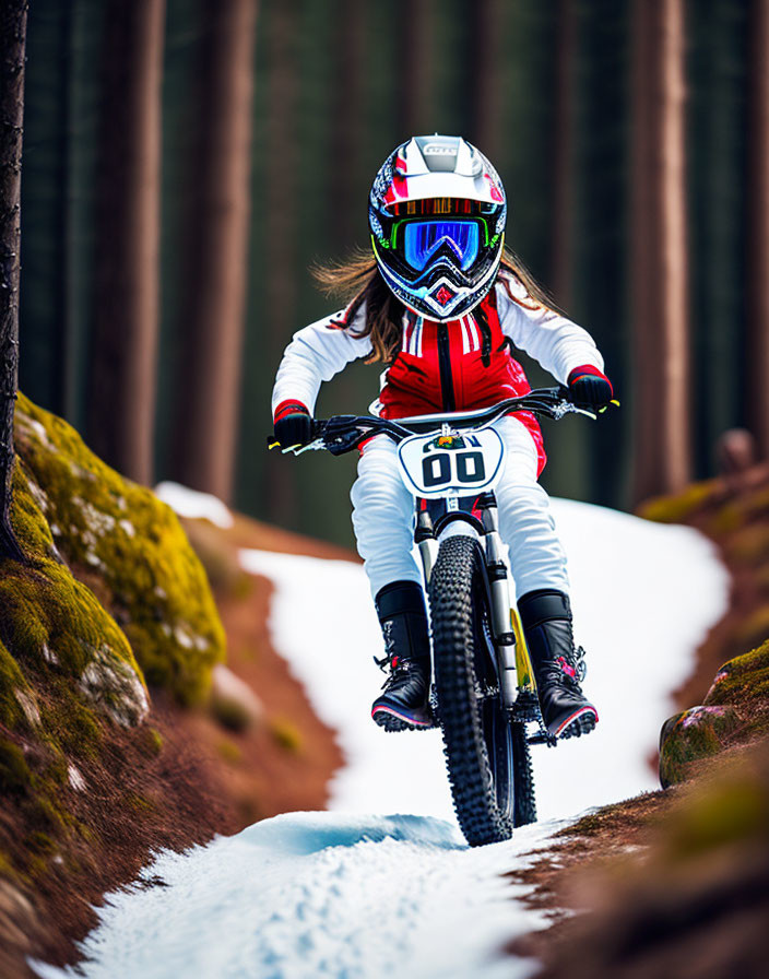 Child in Motocross Outfit Riding Dirt Bike in Snowy Forest