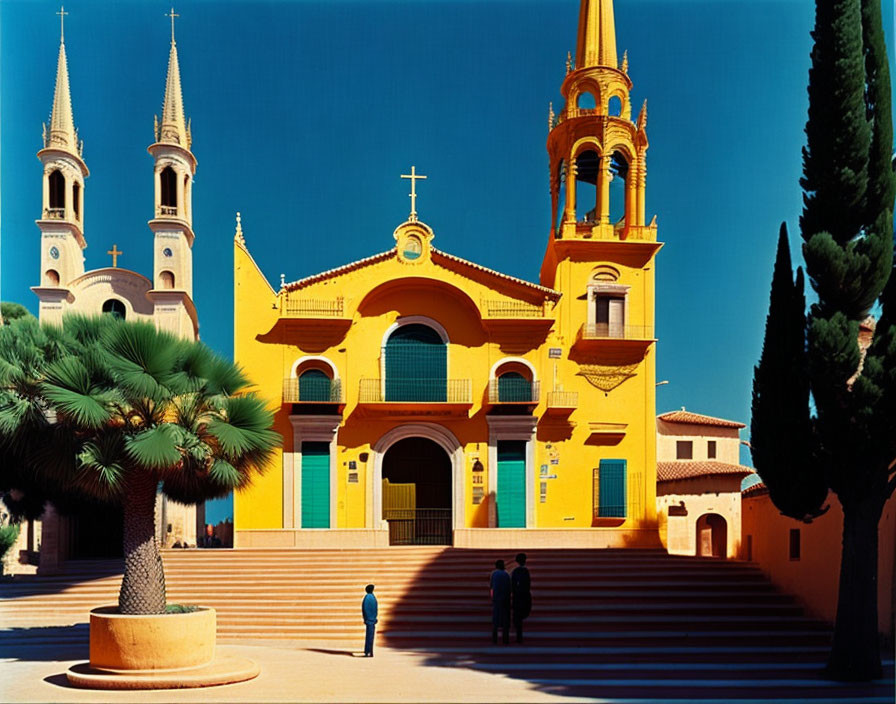 Yellow Church with Twin Spires, Trees, and People in Front