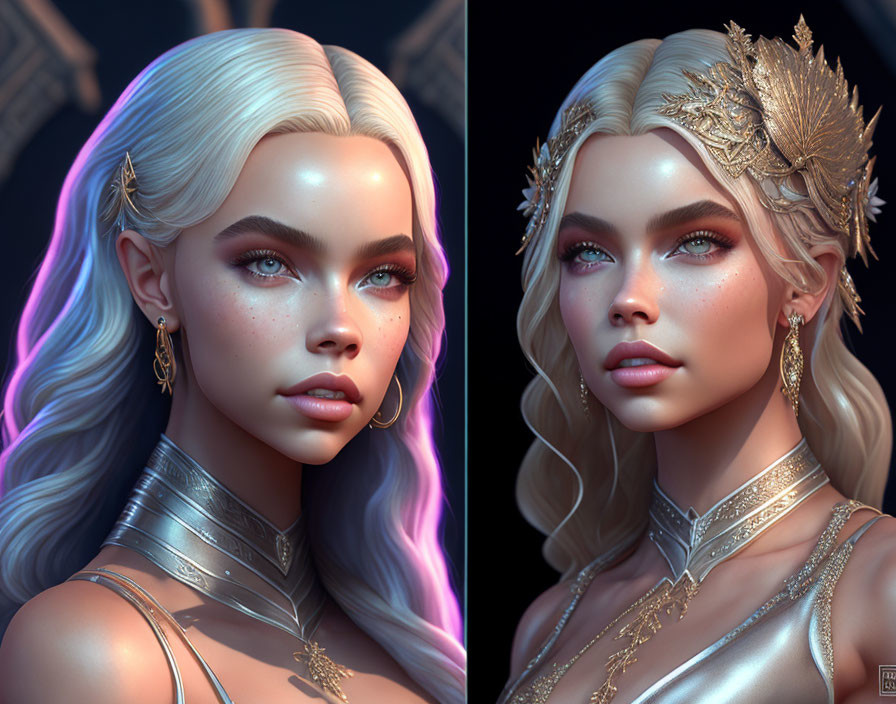 Fantasy elf woman with blue eyes and blonde hair in metallic armor portrait.