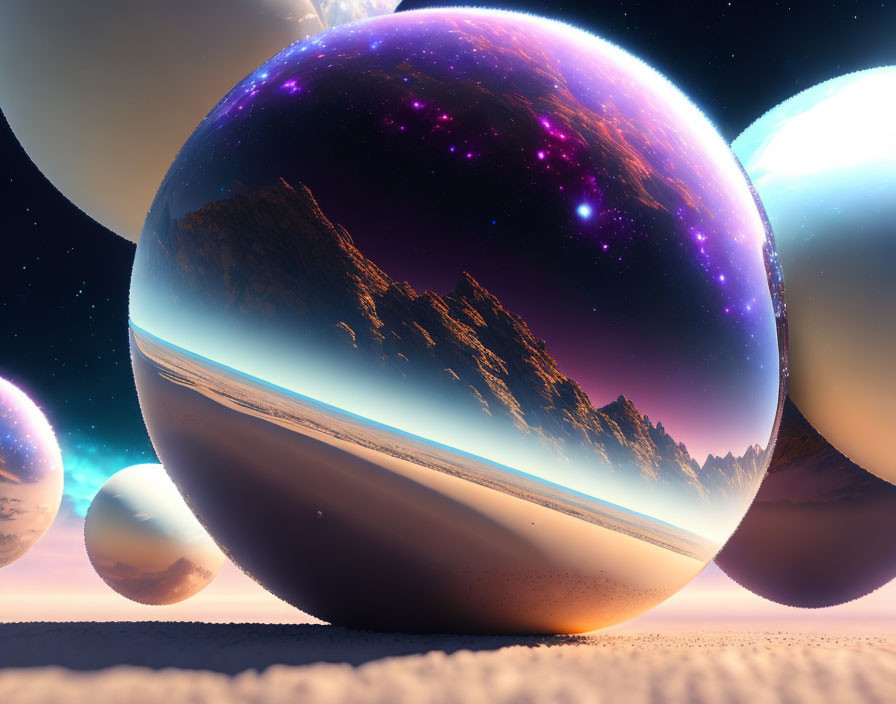 Surreal landscape with glossy spheres reflecting mountains and starry sky