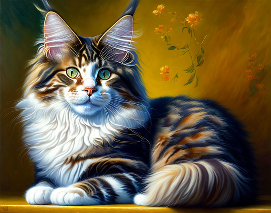 Realistic digital painting of fluffy Maine Coon cat with green eyes and tufted ears on warm