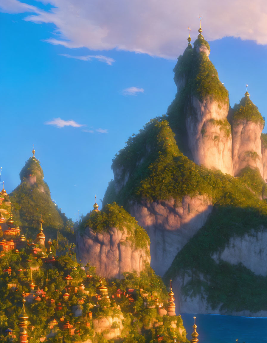 Lush green cliffs and golden pagodas in fantastical landscape