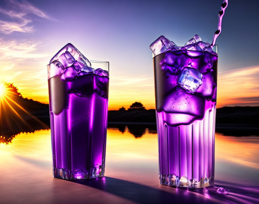 Purple liquid in glasses with ice cubes at sunset over water