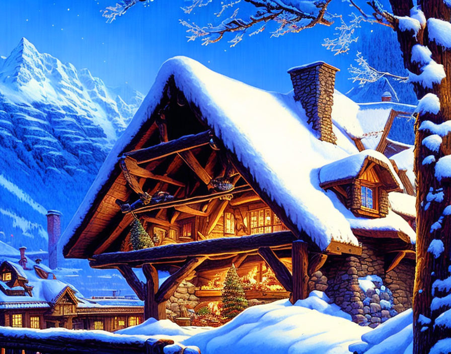 Snow-covered chalet in picturesque mountain village at night