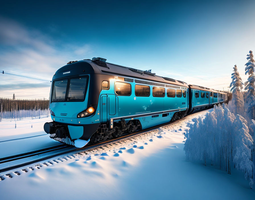 Modern train in snowy landscape with frost-covered trees under clear blue sky at dusk