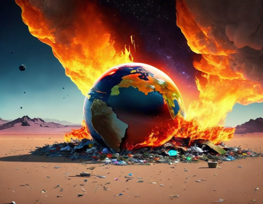 Apocalyptic Earth engulfed in flames and space debris