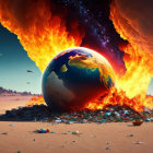 Apocalyptic Earth engulfed in flames and space debris